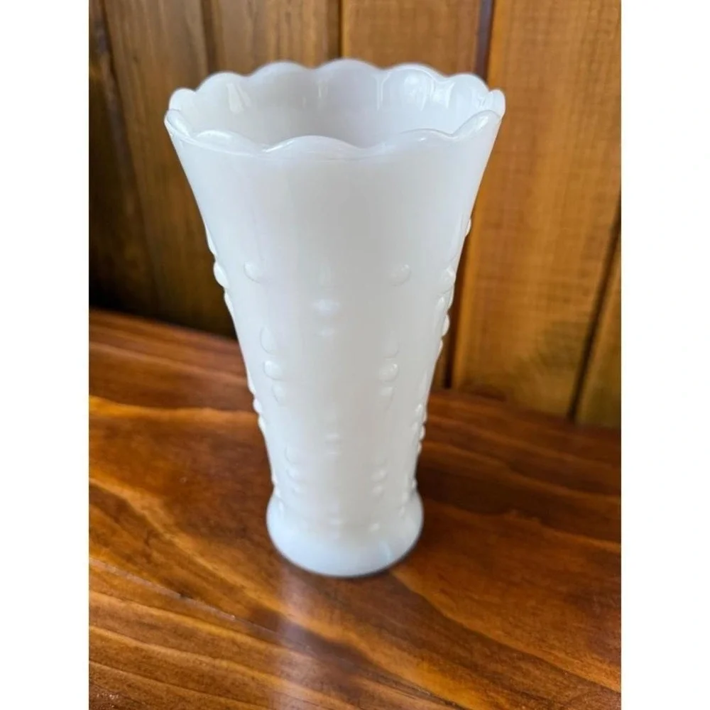 Vintage White Milk Glass Hobnail Teardrop Vase Scalloped Rim Mid Century Decor